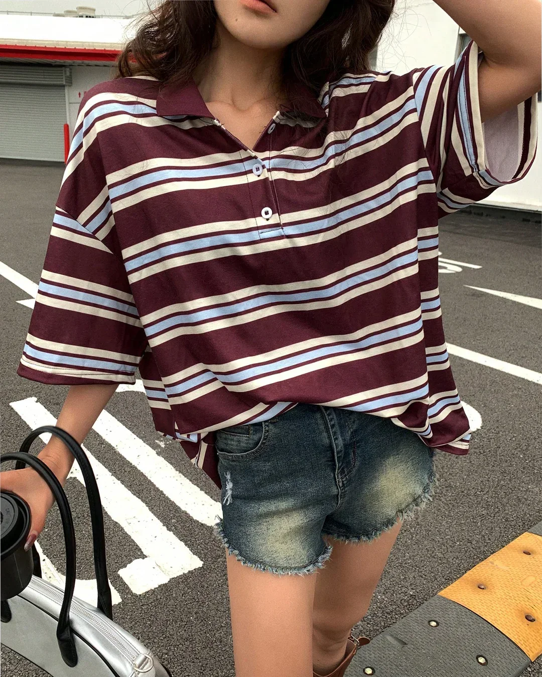 Striped Collar Neck Oversized Baggy T-Shirt - Image 2