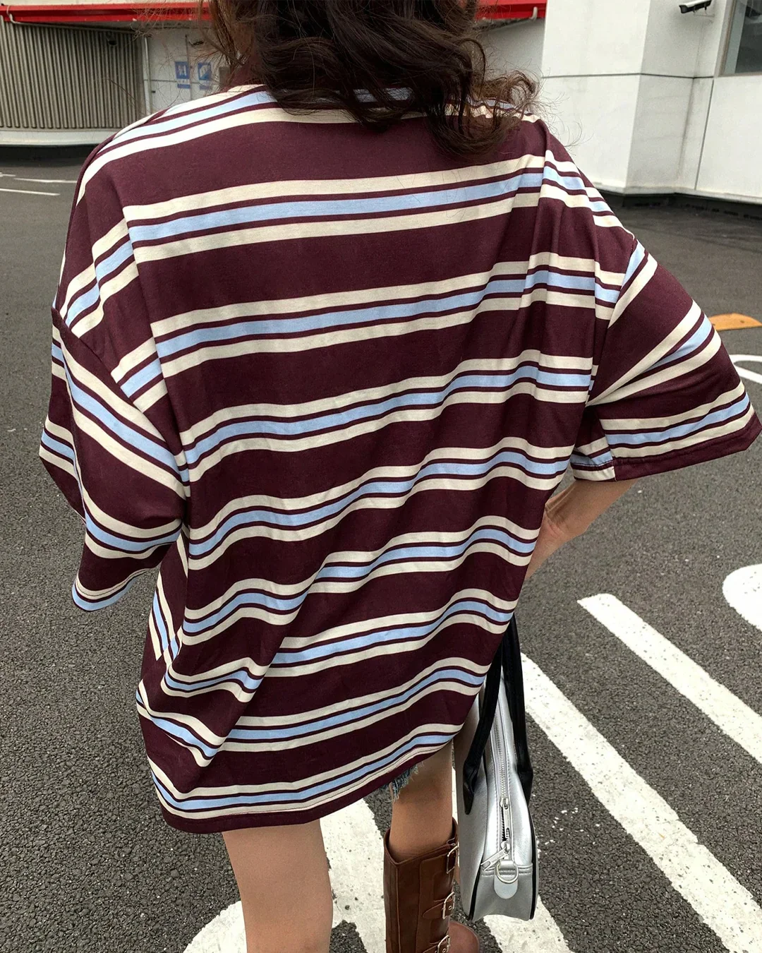 Striped Collar Neck Oversized Baggy T-Shirt - Image 3