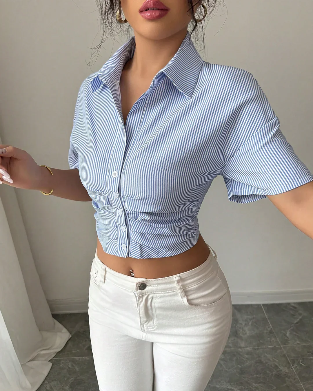Striped Collared Ruched Crop Shirt - Image 2