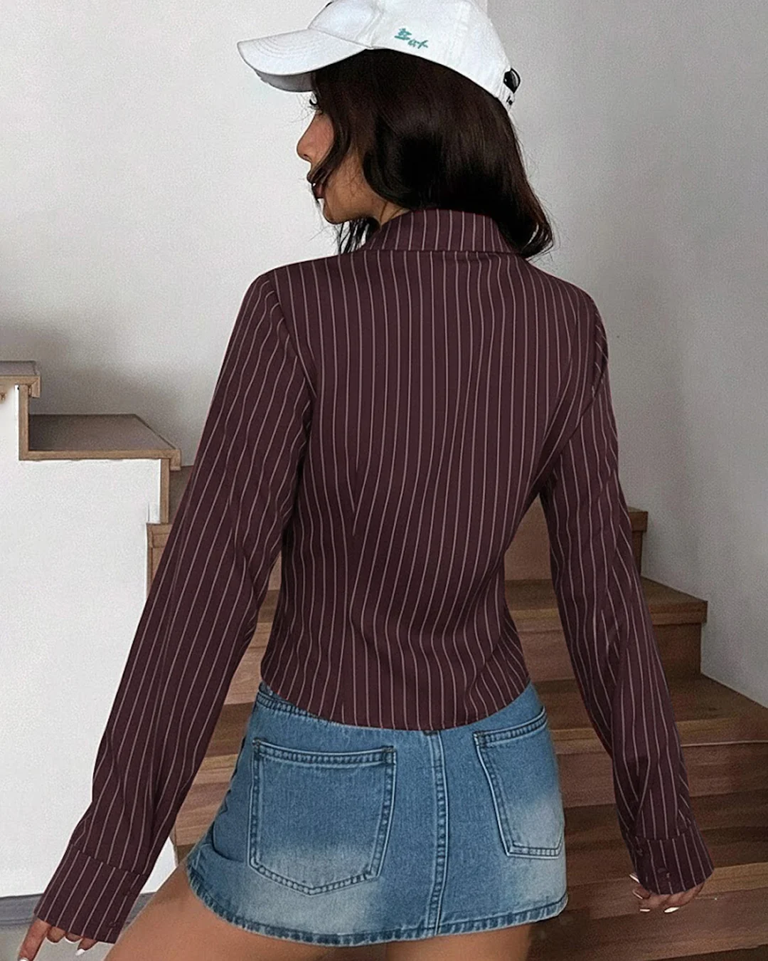 Striped Corset Style Fitted Shirt Top in wine - Image 3