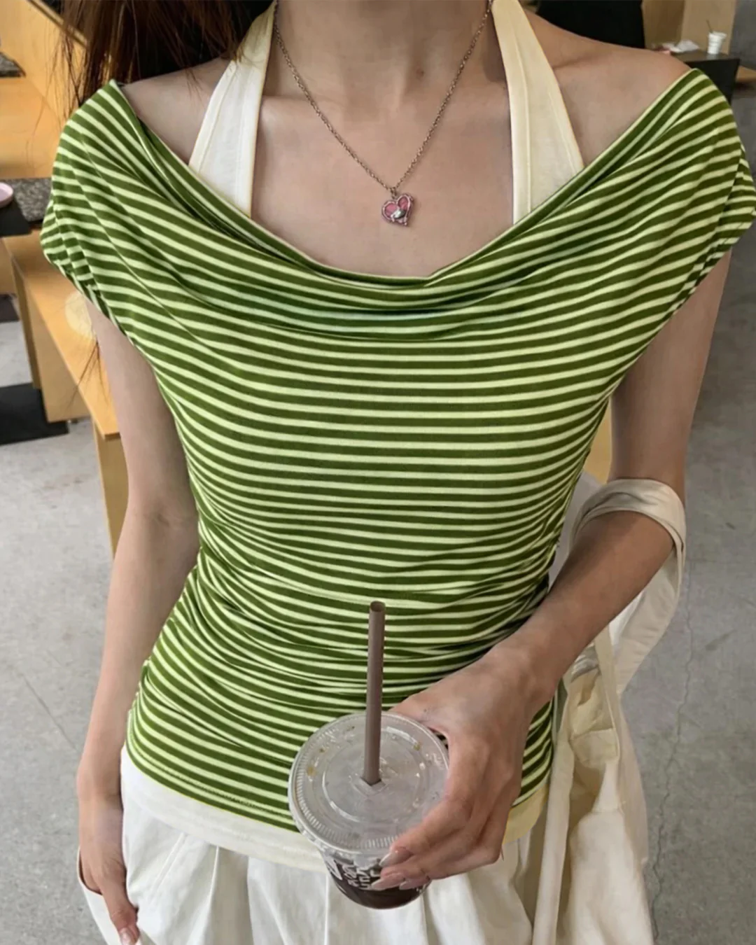 Striped Cowl Neck Ruched Short Sleeve Two Tone Layered Top in Green - Image 2