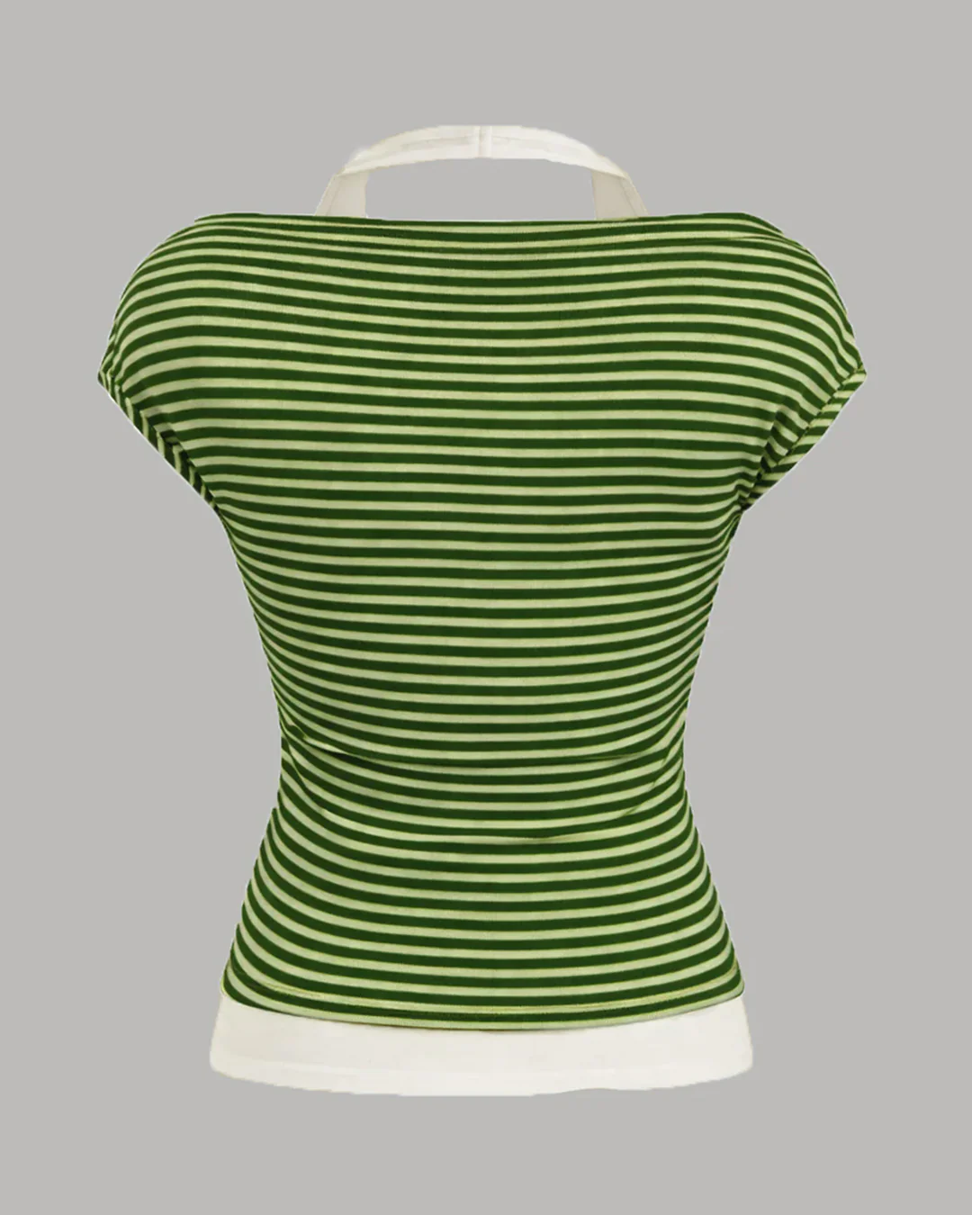 Striped Cowl Neck Ruched Short Sleeve Two Tone Layered Top in Green - Image 3