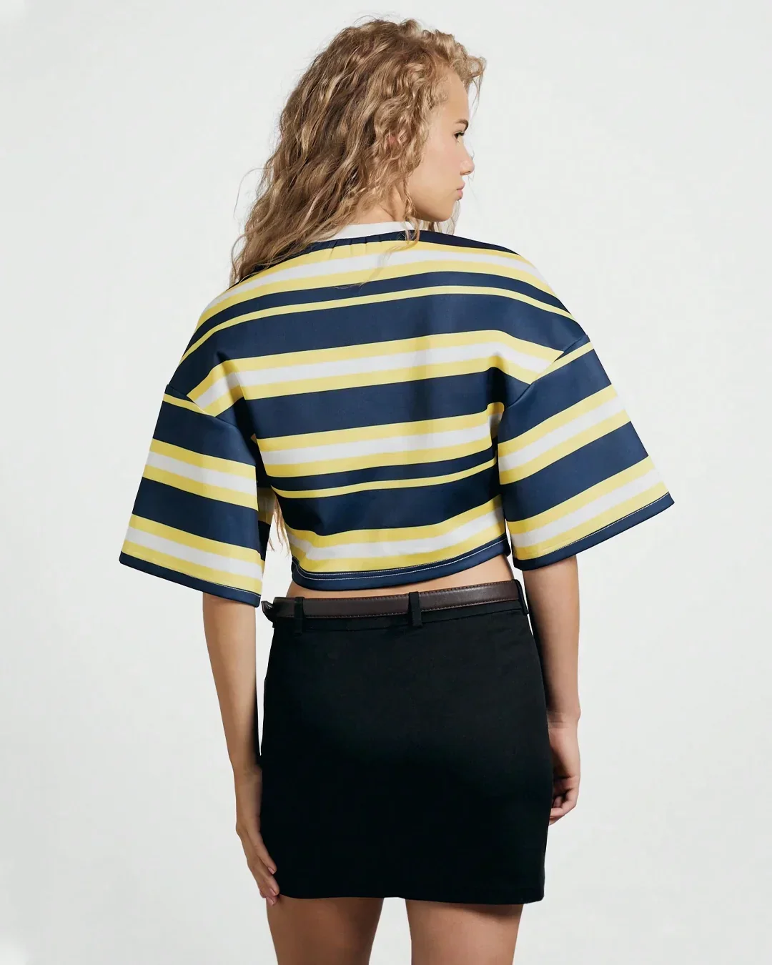 Striped Crew Neck Oversized Cropped T-Shirt - Image 3