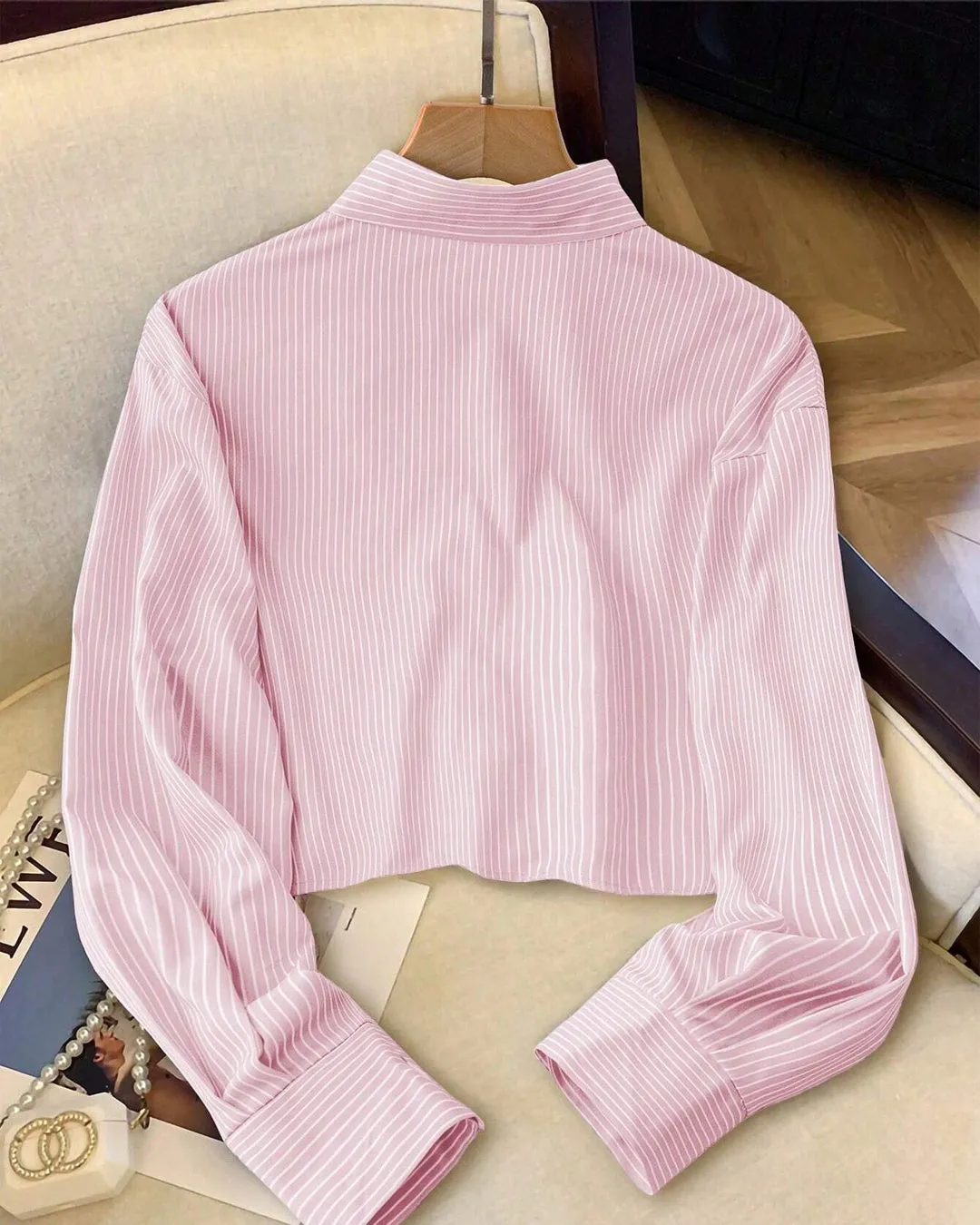 Striped Crop Shirt with Button Front and Collar - Image 3
