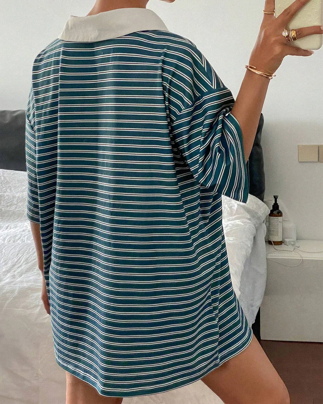 Striped Front Button Collar Neck Half Sleeve Top - Image 4