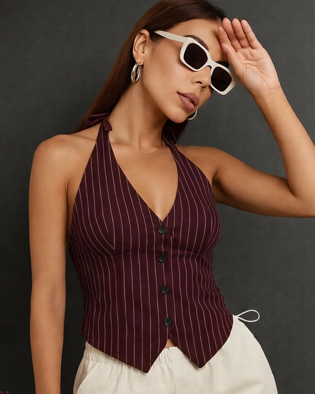 Striped Halter Bowknot Waistcoat Top in Wine - Image 2