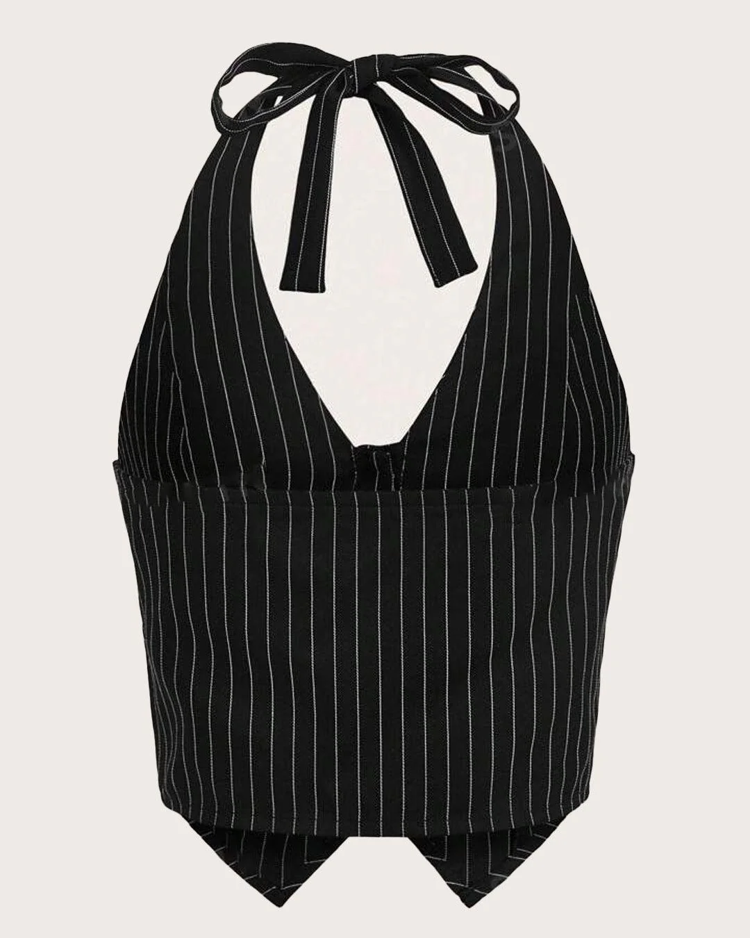 Pinstripe Tie Neck Button Front Halter Sleeveless Top in Black - Image 3
