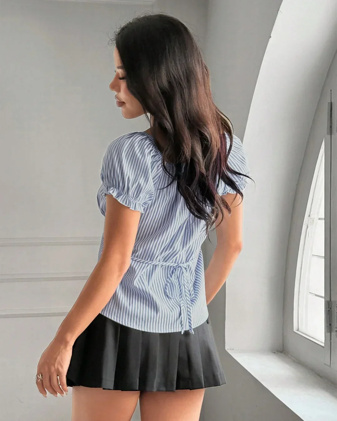 Striped Ruched Bust Button Down Shirt - Image 4