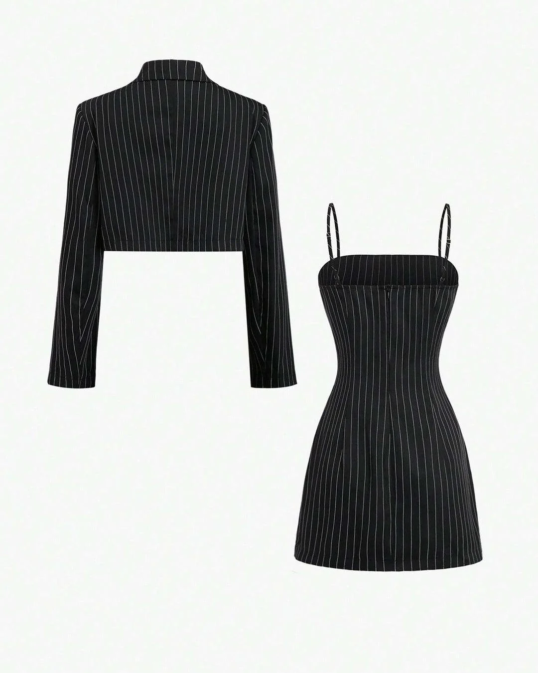 Striped Shirt With Lapel Collar & Spaghetti Strap Dress Set - Image 3