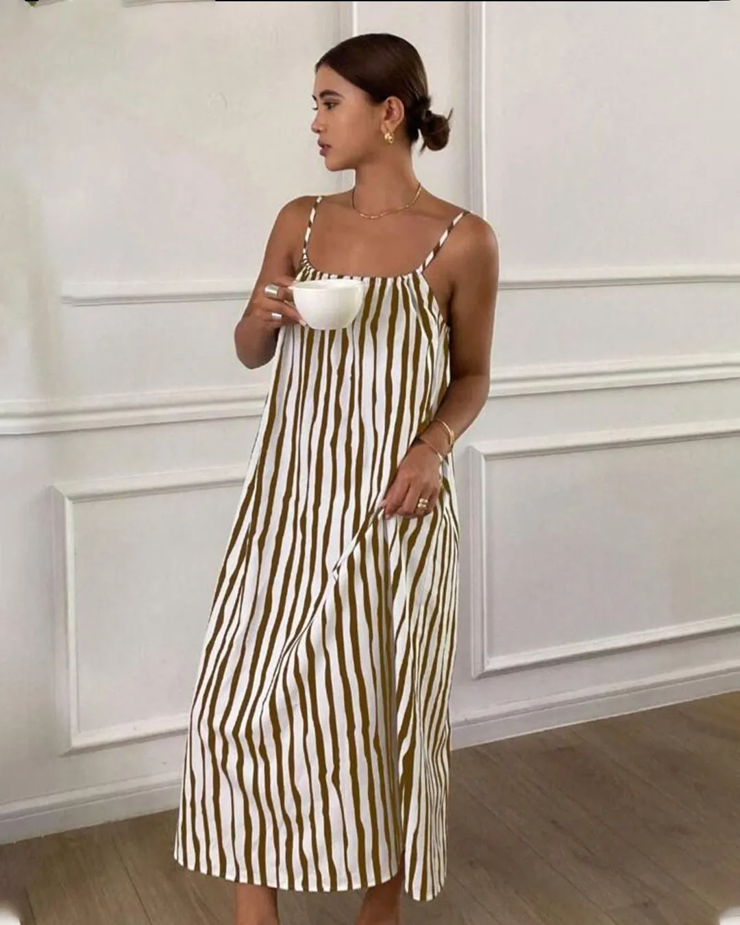 Striped Spaghetti Strap Midi Dress for Women - Image 2