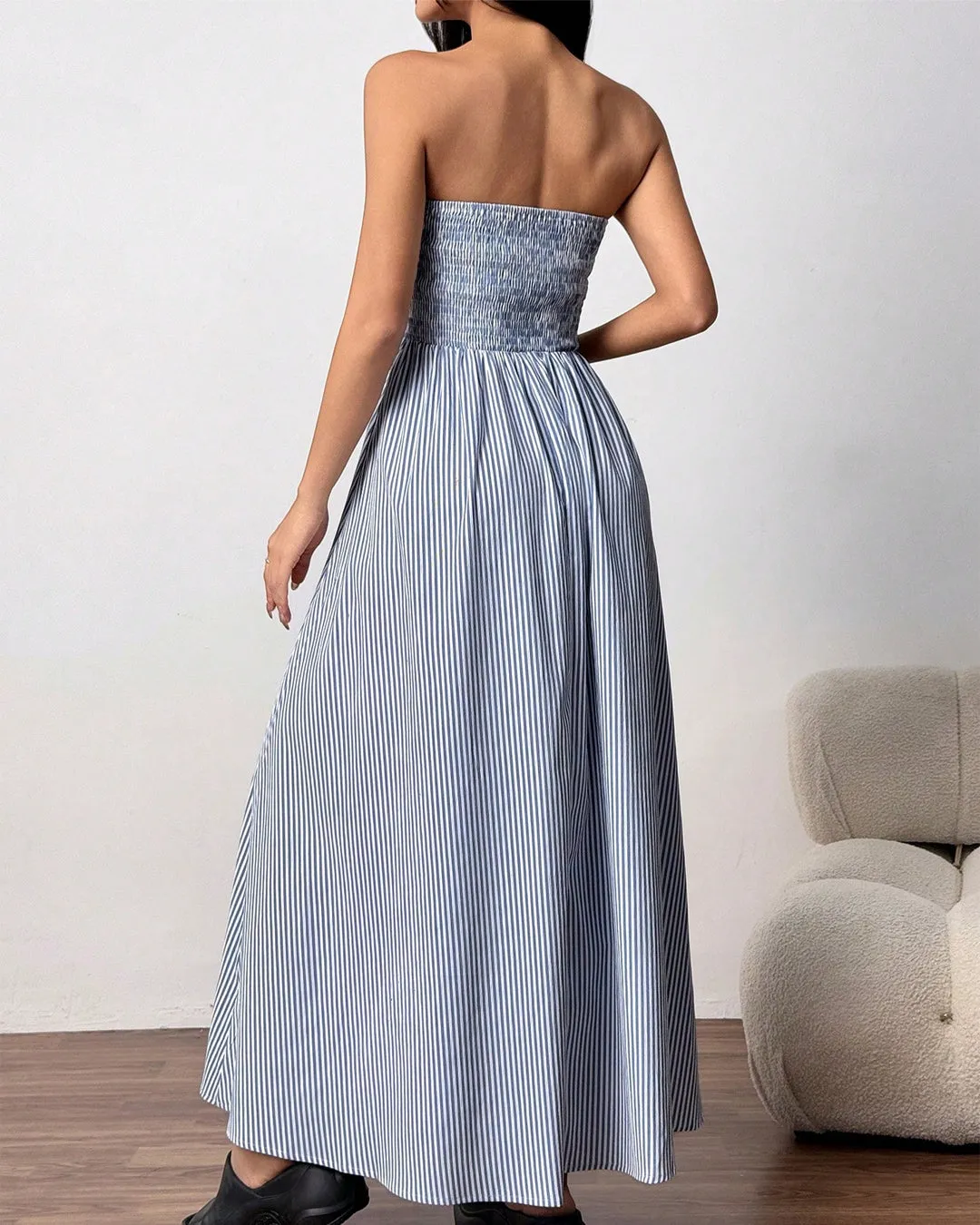 Striped Strapless Maxi Dress with Ruched Bodice and Flowy Skirt - Image 3