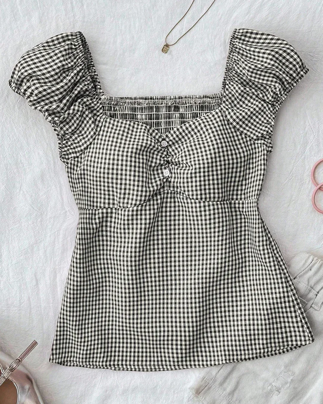 Striped Sweetheart Neck Short Sleeve Top in Black And White - Image 2