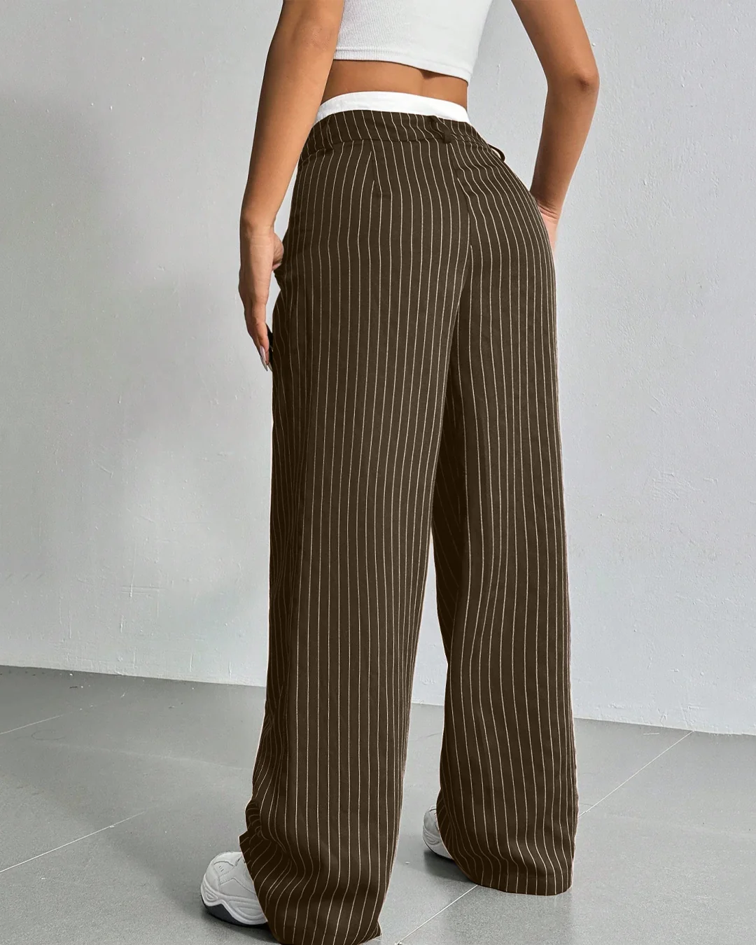 Striped Waistband Wide Leg Suit Trousers in Brown - Image 2
