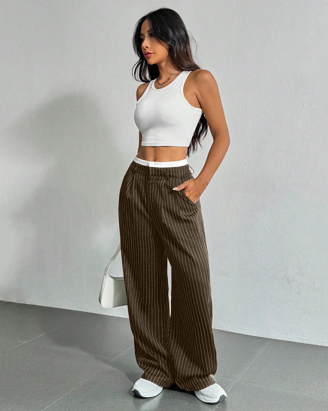 Striped Waistband Wide Leg Suit Trousers in Brown - Image 3