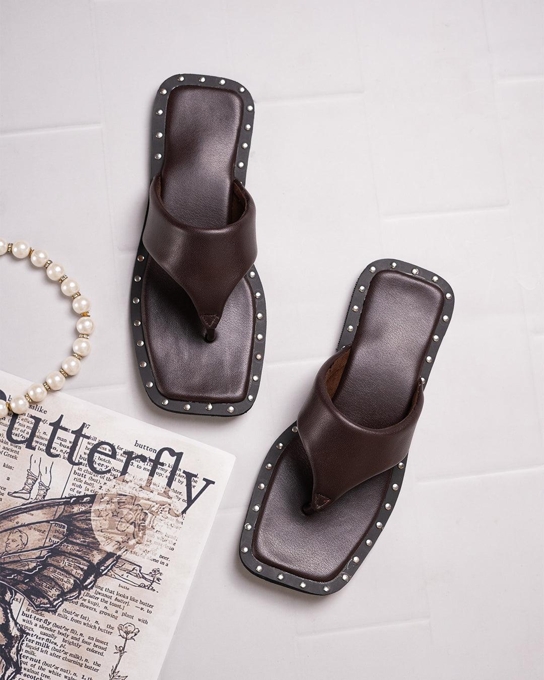 Stud Detail Slip On Flats In Brown - Image 5