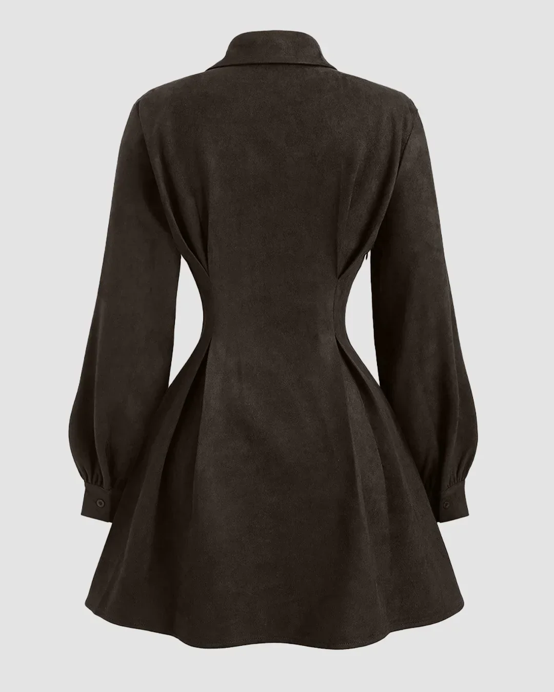 Suede Collared A-Line Mini Dress with Ruched Waist in Dark Brown - Image 2