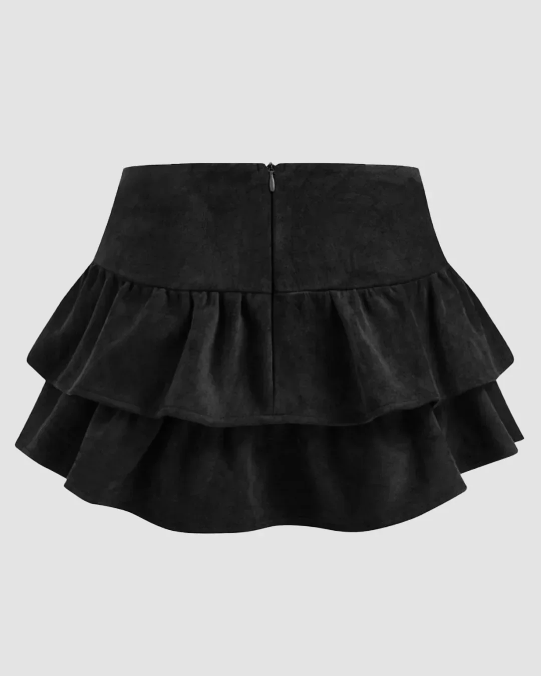 Suede Low Rise Ruched Layered Mini Skirt in Black - Image 2