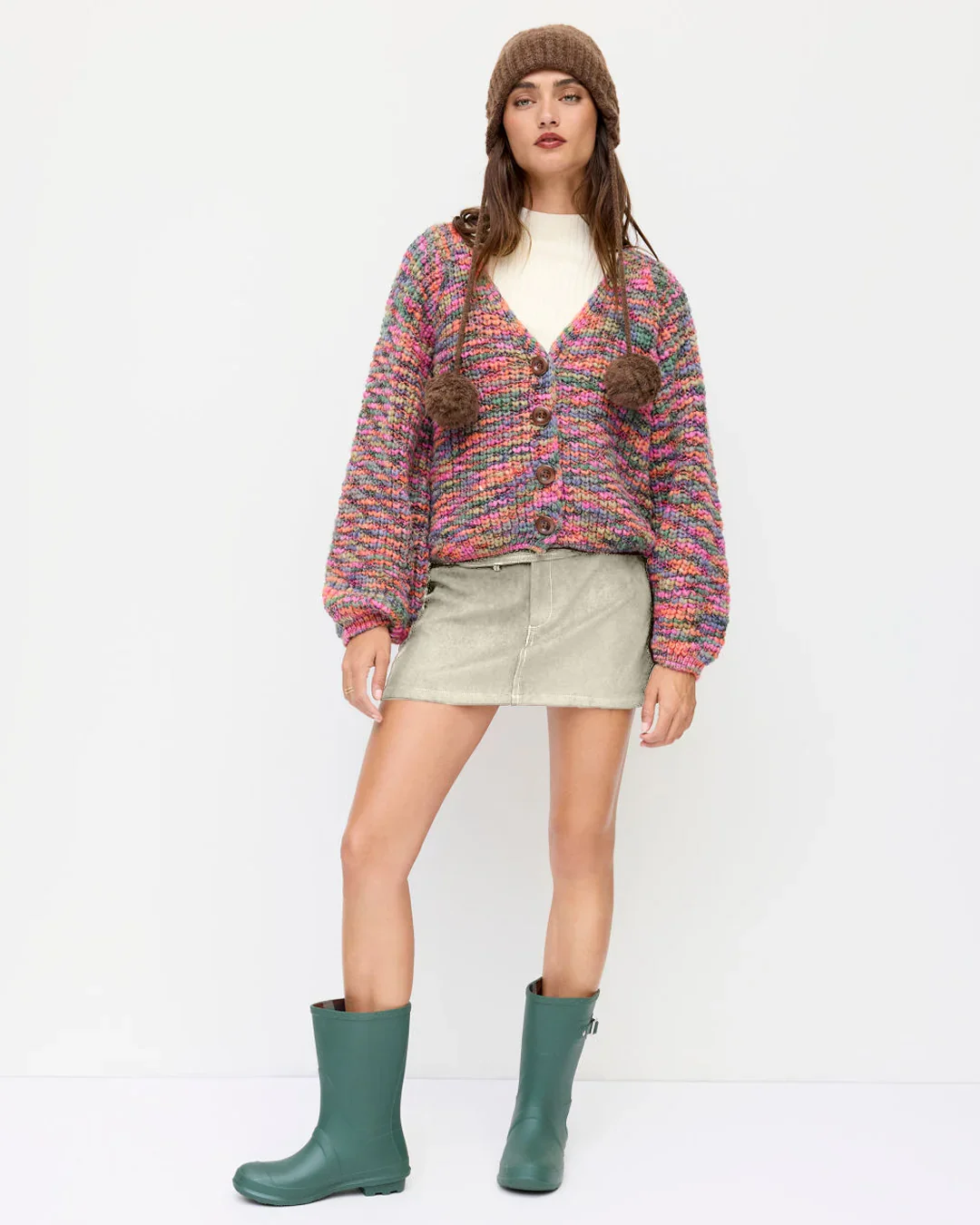Suede Low Rise Solid Button Mini Skirt in Beige - Image 3