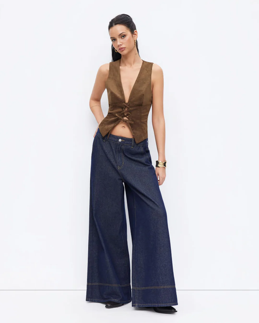 Suede V-neck Lace Up Blazer Vest Top In Brown - Image 4