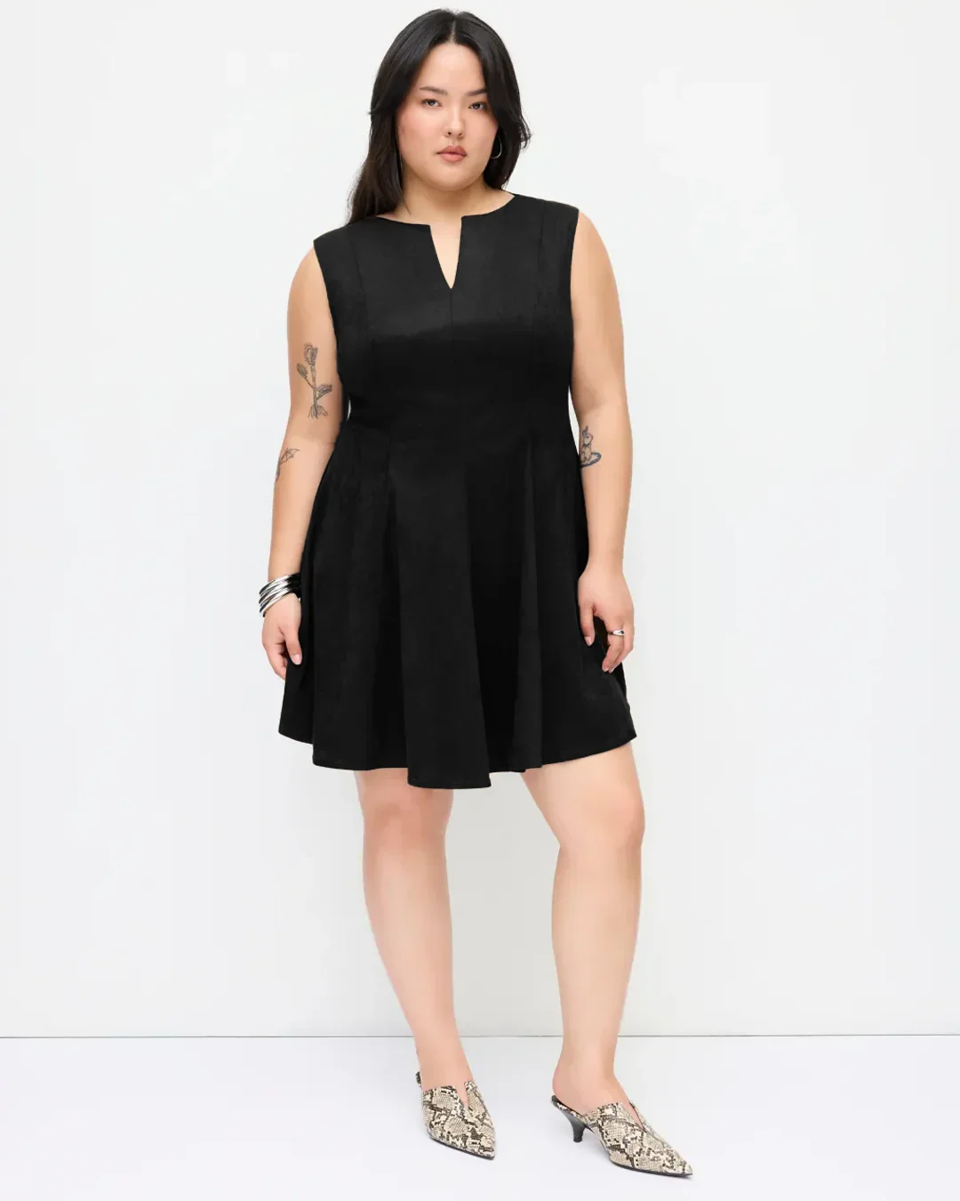 Suede V-neck Pleated Mini Dress Curve & Plus in Black - Image 3