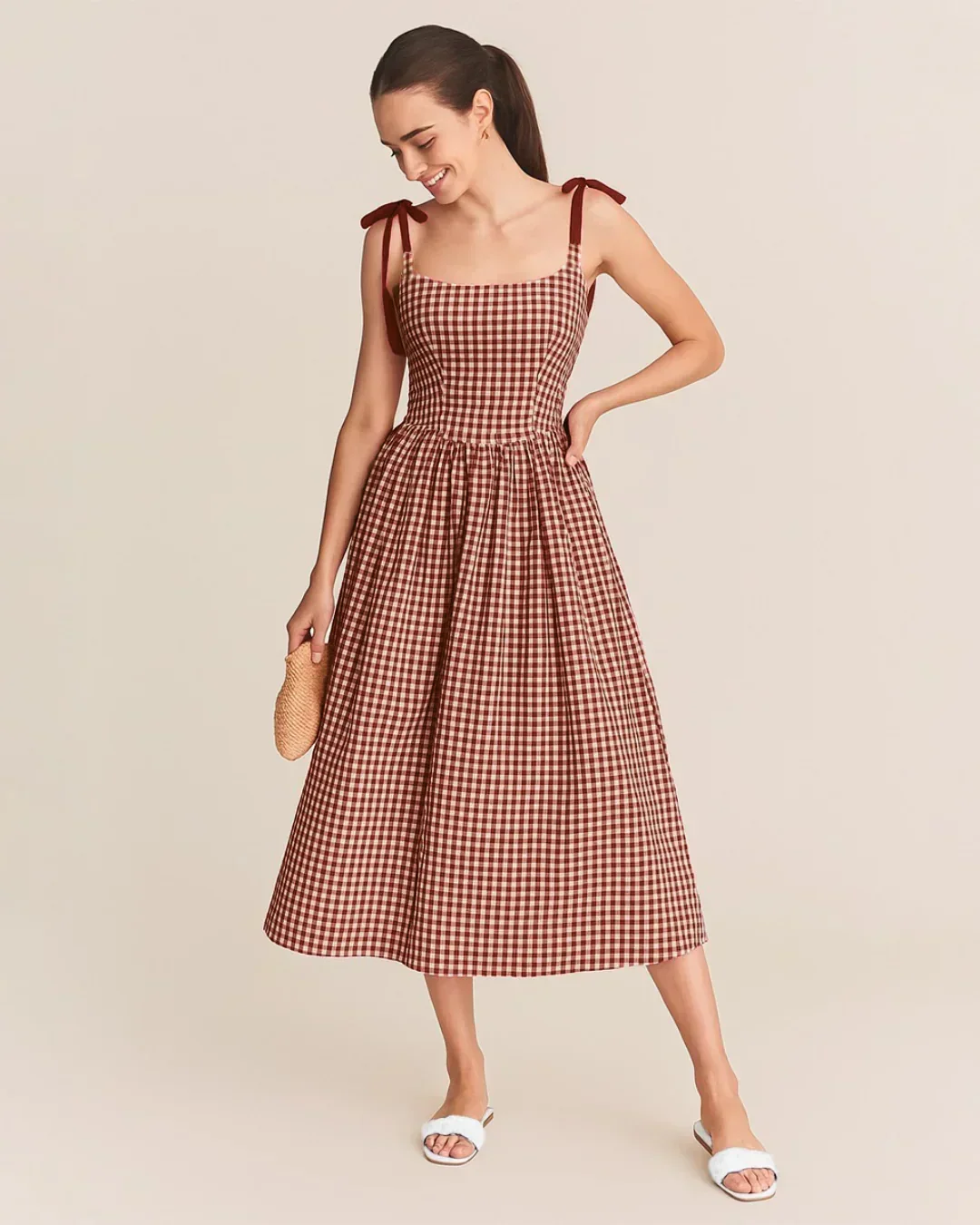 Summer Elegant Grid Shoulder Tie Red Cami Dress - Image 3
