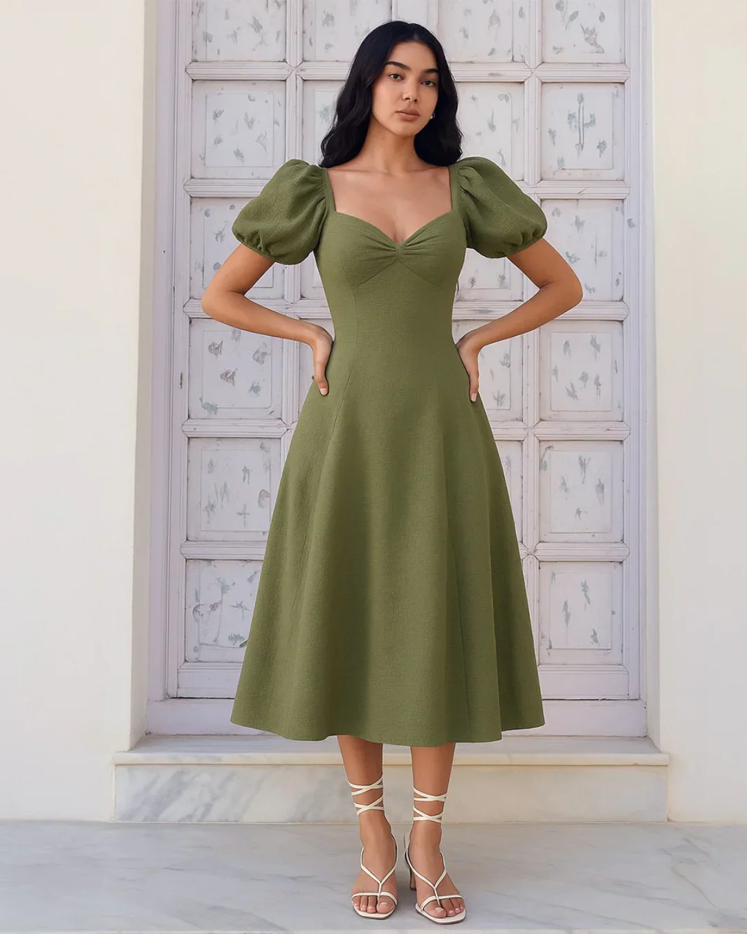Summer Elegant Solid Color Puff Sleeve Cinch Waist Dress - Image 2