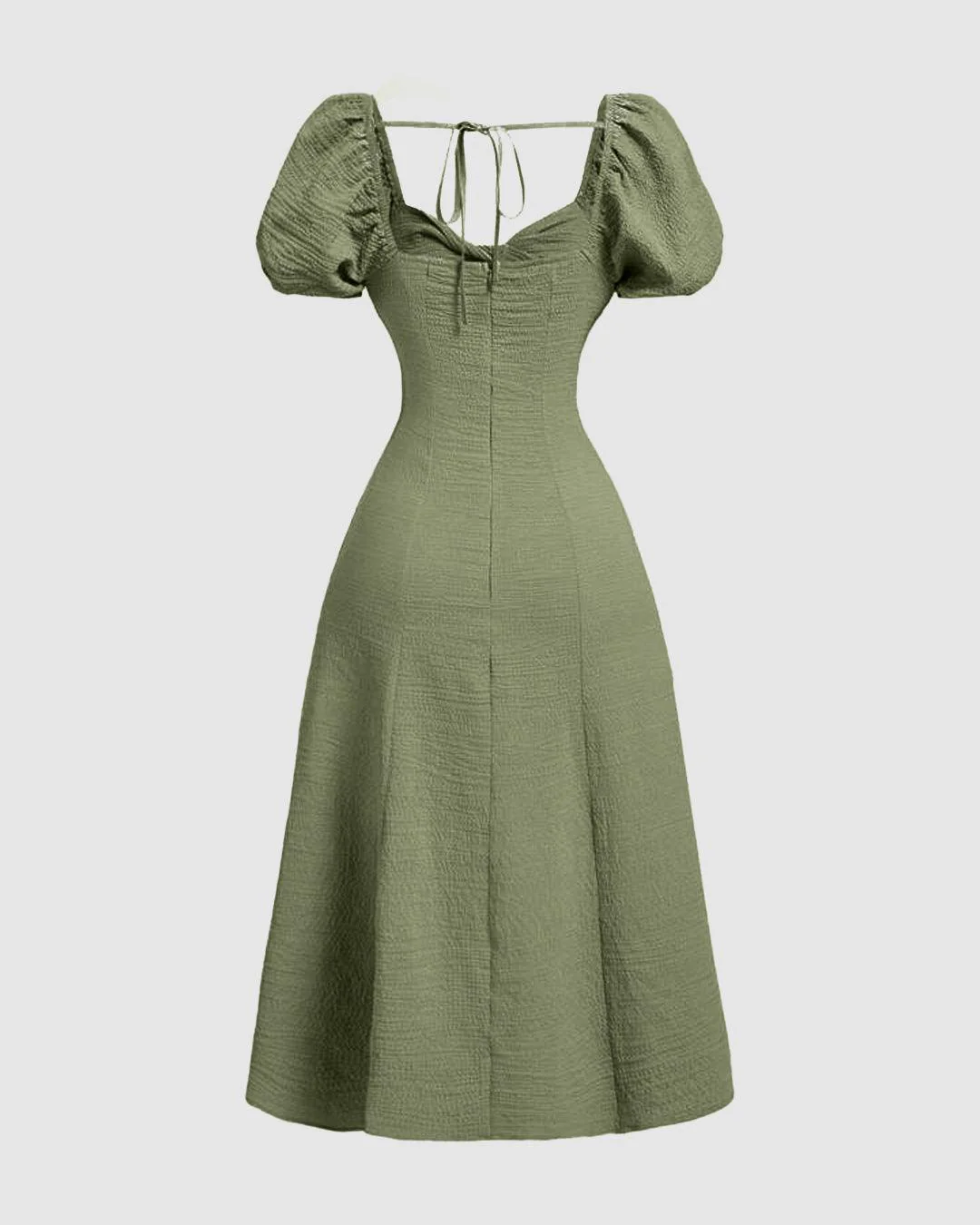 Summer Elegant Solid Color Puff Sleeve Cinch Waist Dress - Image 3