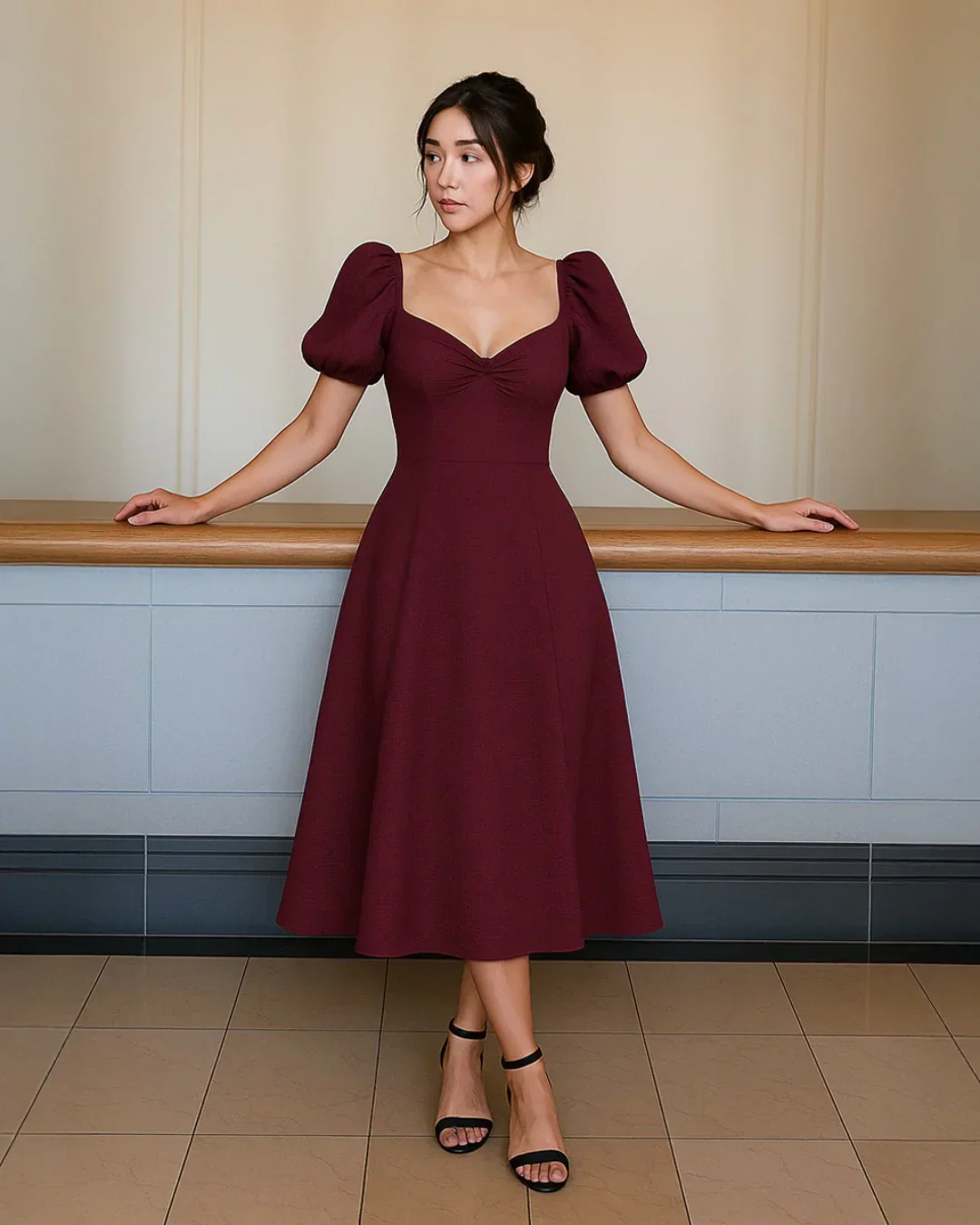 Summer Elegant Solid Color Puff Sleeve Cinch Waist Dress In Maroon - Image 2