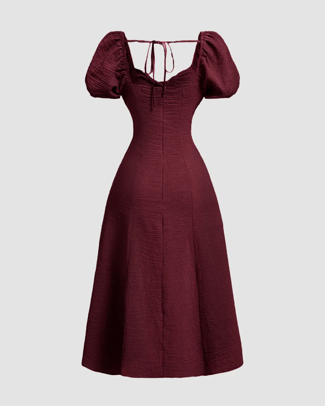 Summer Elegant Solid Color Puff Sleeve Cinch Waist Dress In Maroon - Image 3
