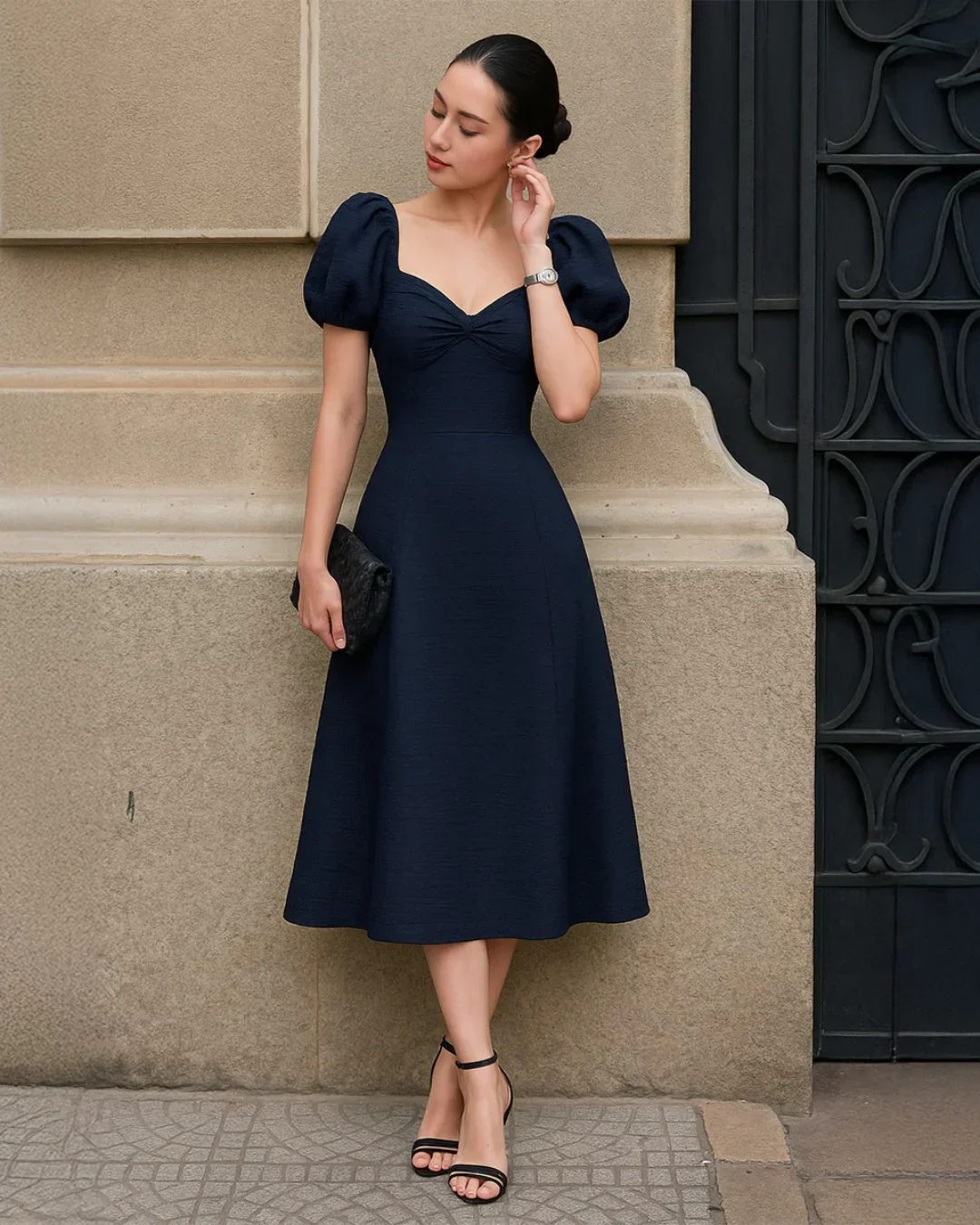 Cinched Waist Puff Sleeve Fit & Flare Midi Dress in Navy Blue - Image 2
