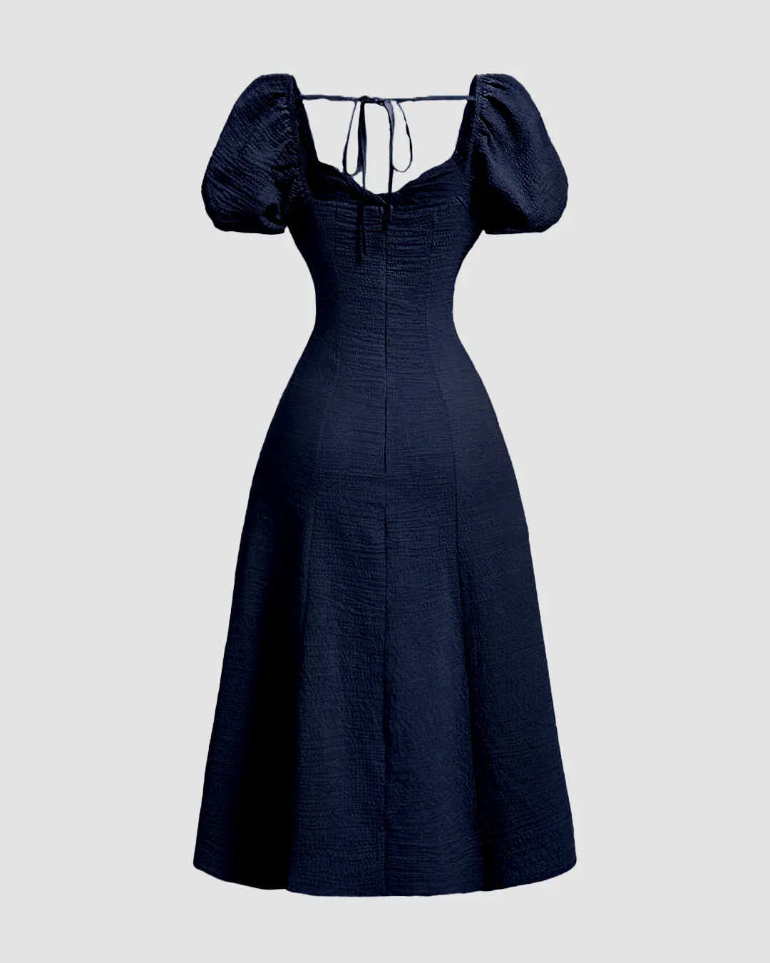 Cinched Waist Puff Sleeve Fit & Flare Midi Dress in Navy Blue - Image 3
