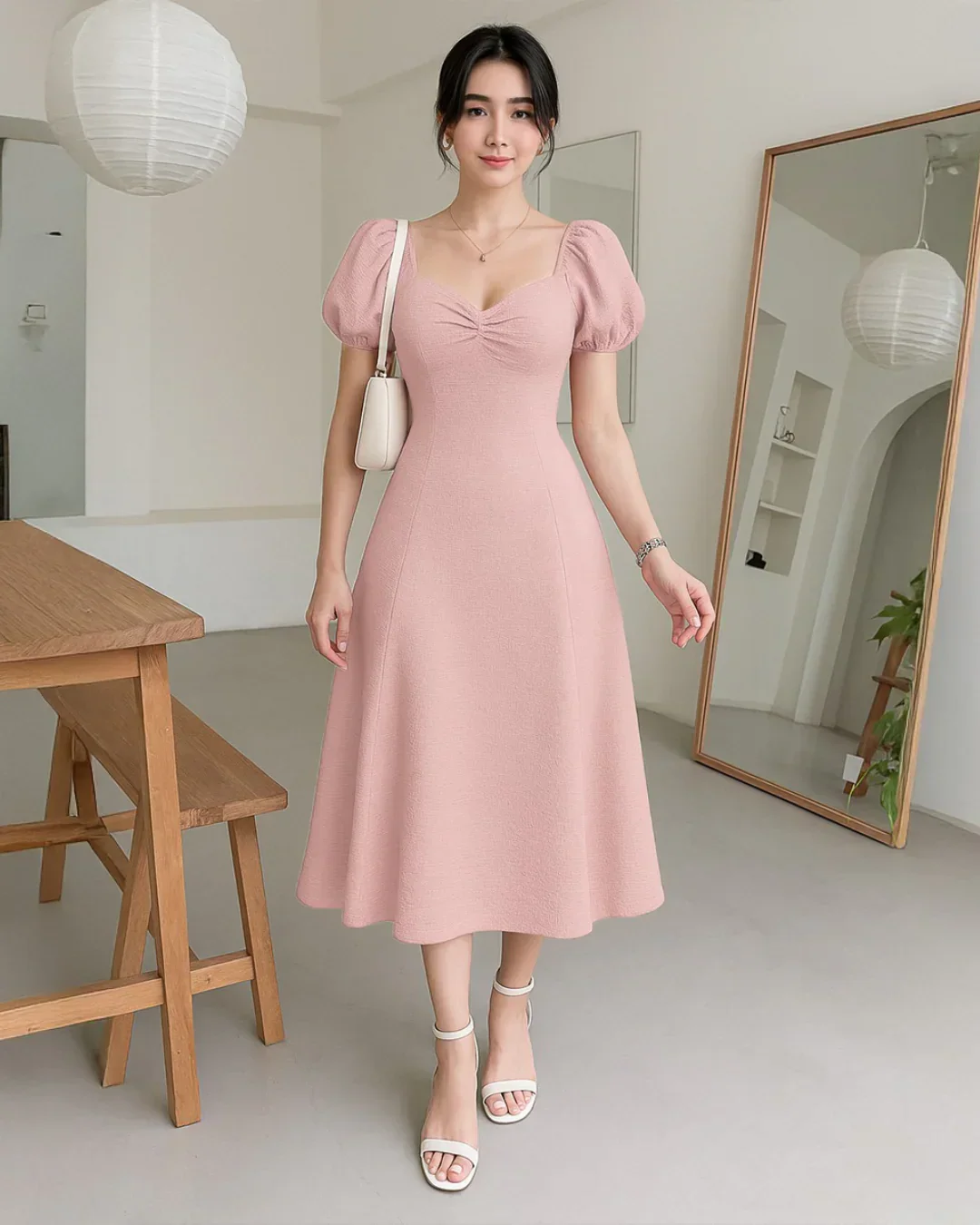Cinched Waist Puff Sleeve Flare Dress in Powder Pink - Image 2
