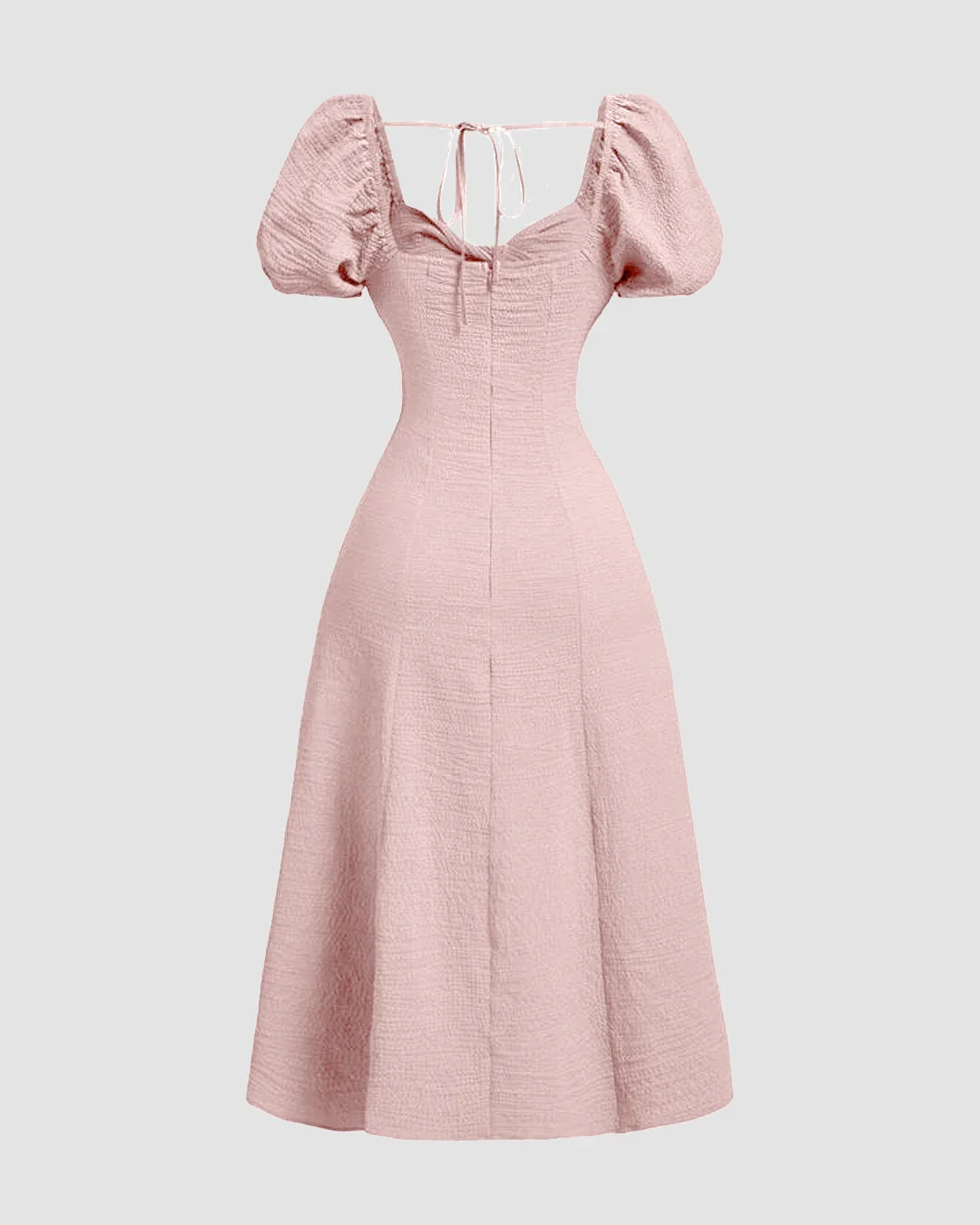 Cinched Waist Puff Sleeve Flare Dress in Powder Pink - Image 3