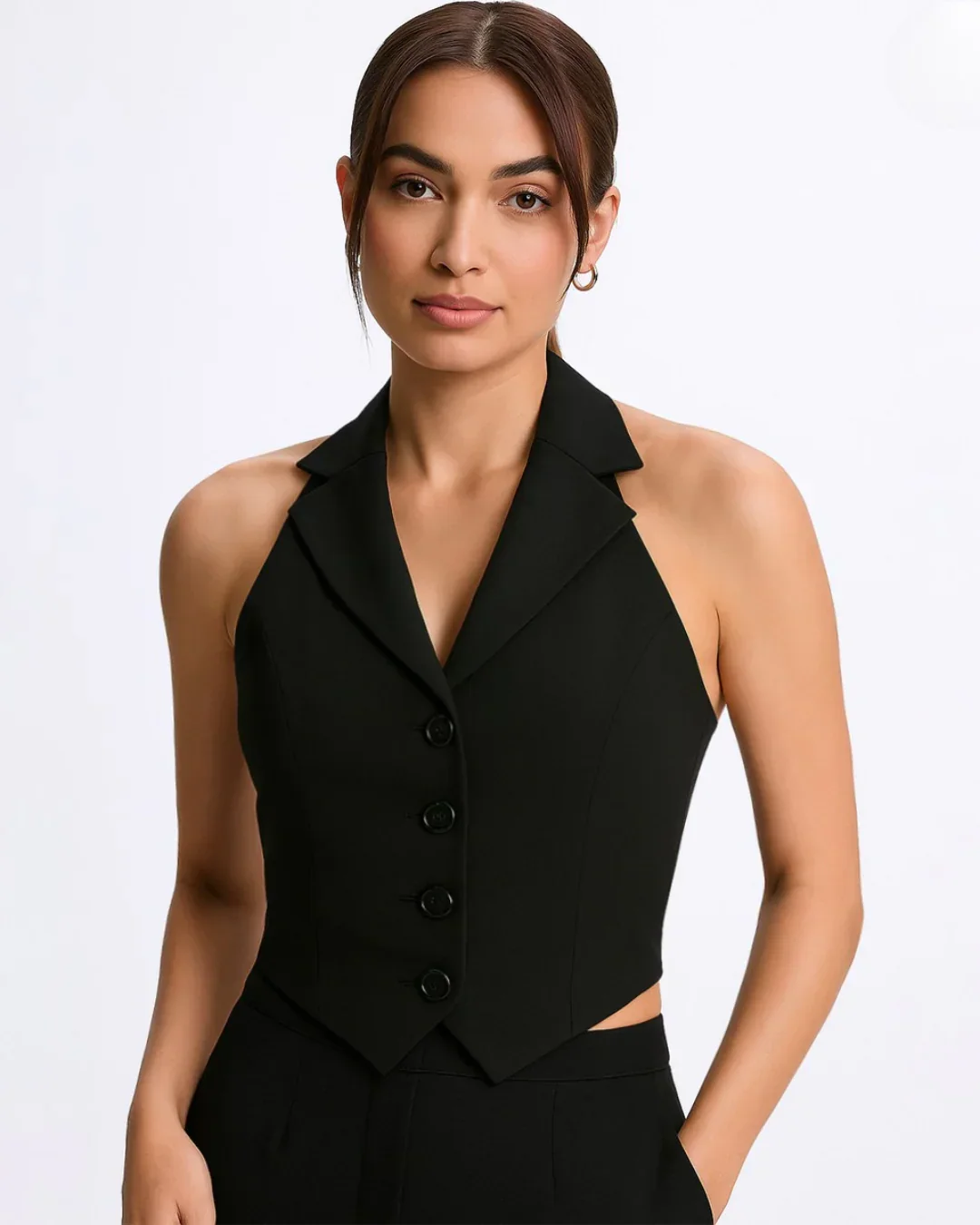 Party Halter Neck Button Front Crop Top in Black - Image 2