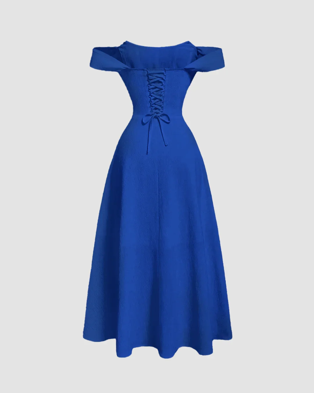 Blue Off The Shoulder Fit and Flare Midi Dress in Surf Blue - Image 2