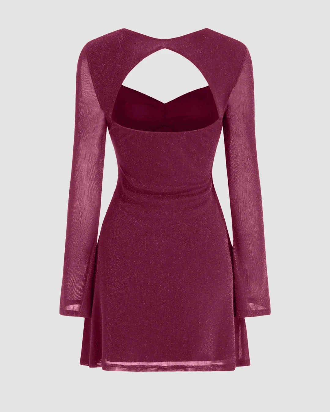 Sweetheart Bell Sleeve Glitter Cut Out Ruched Mini Dress in Maroon - Image 4