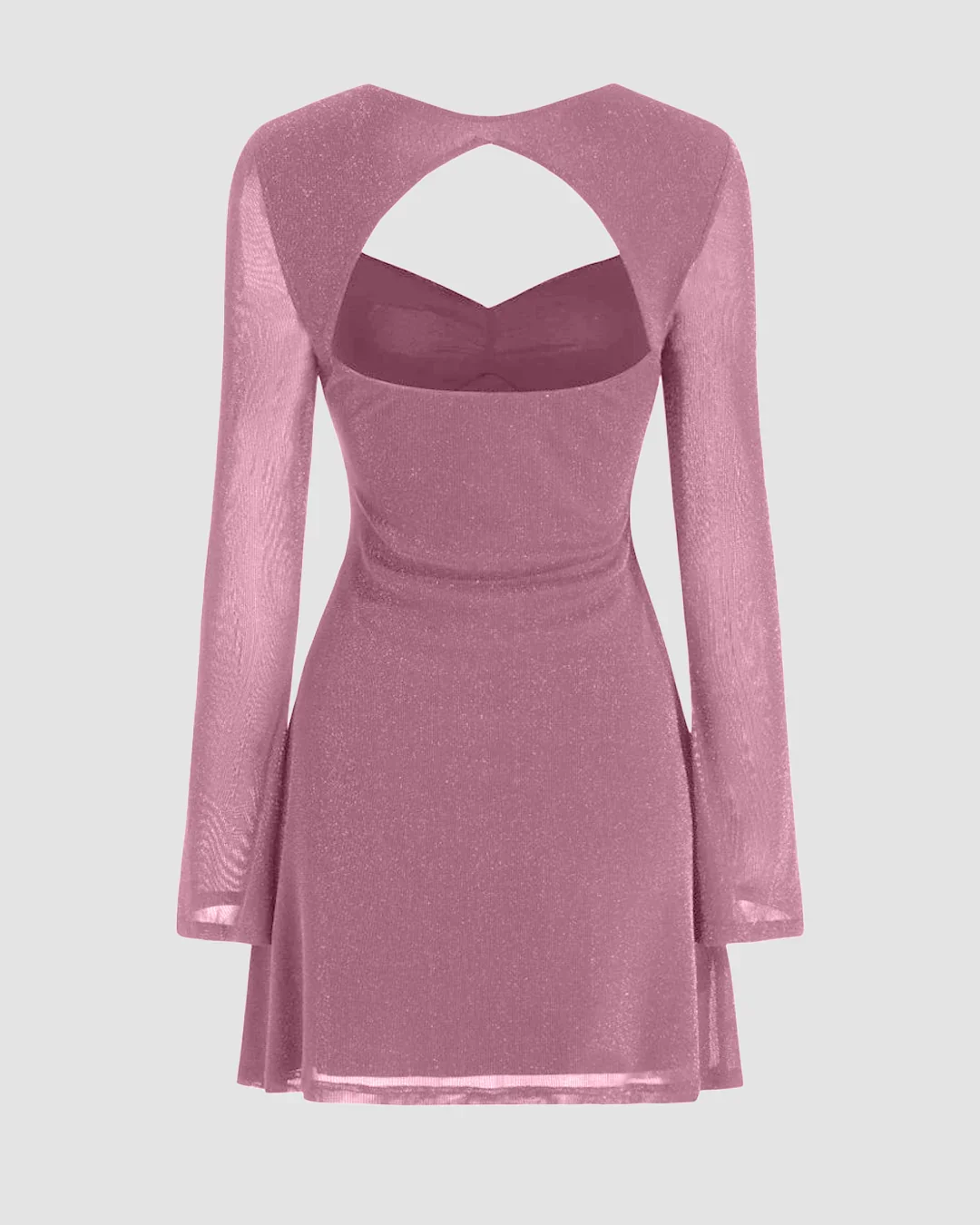 Sweetheart Bell Sleeve Glitter Cut Out Ruched Mini Dress in Pink - Image 4