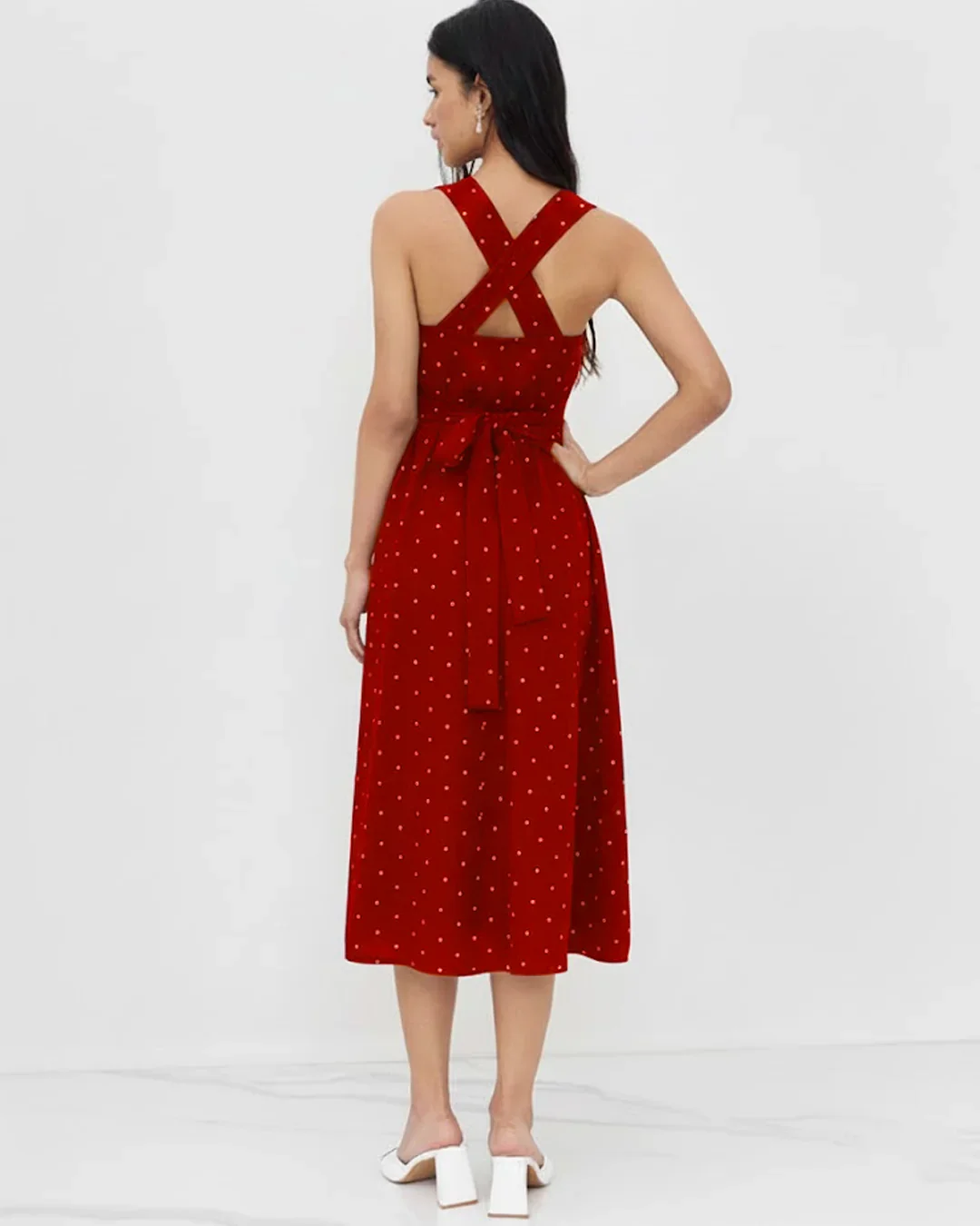 Sweetheart Fit & Flare A-Line Hem Polka Dot Sleeveless Midi Dress in Red - Image 3