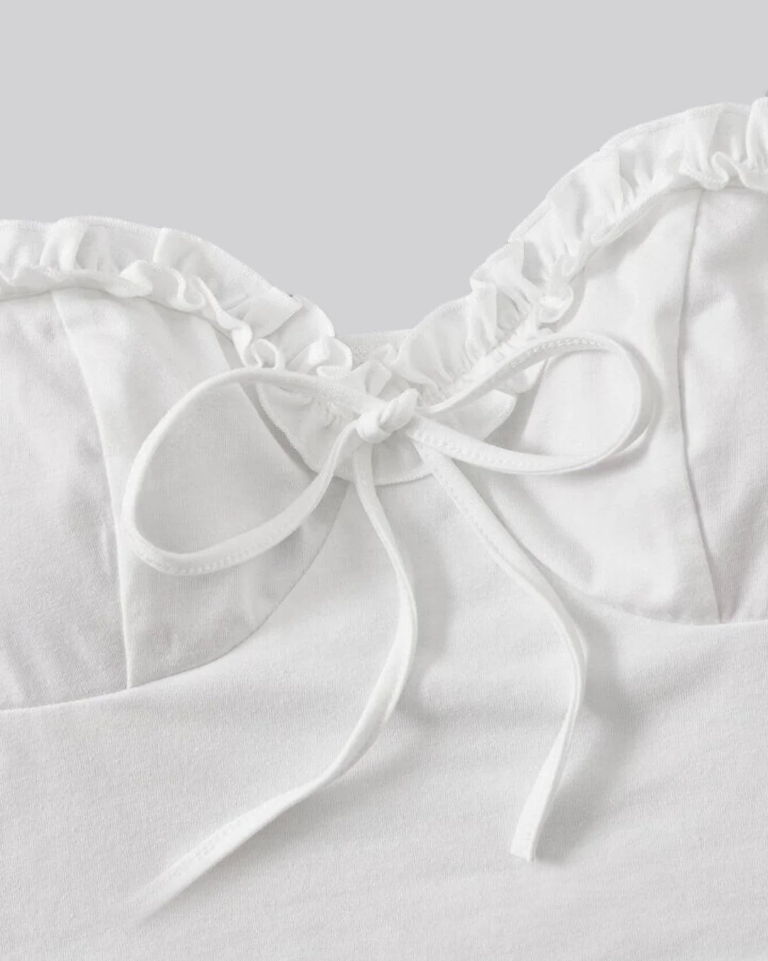 Sweetheart Neck Frill Trim Knot Front Puff Sleeve Crop White Top - Image 3