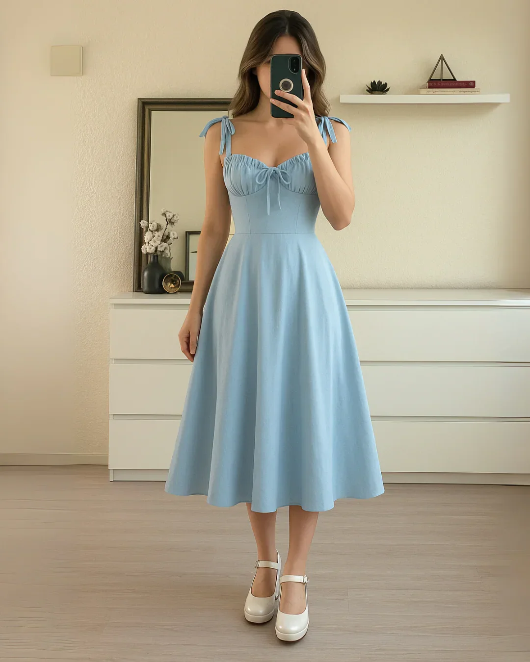 Sweetheart Neck Midi Dress with Shoulder Ties in Sky Blue - Image 2