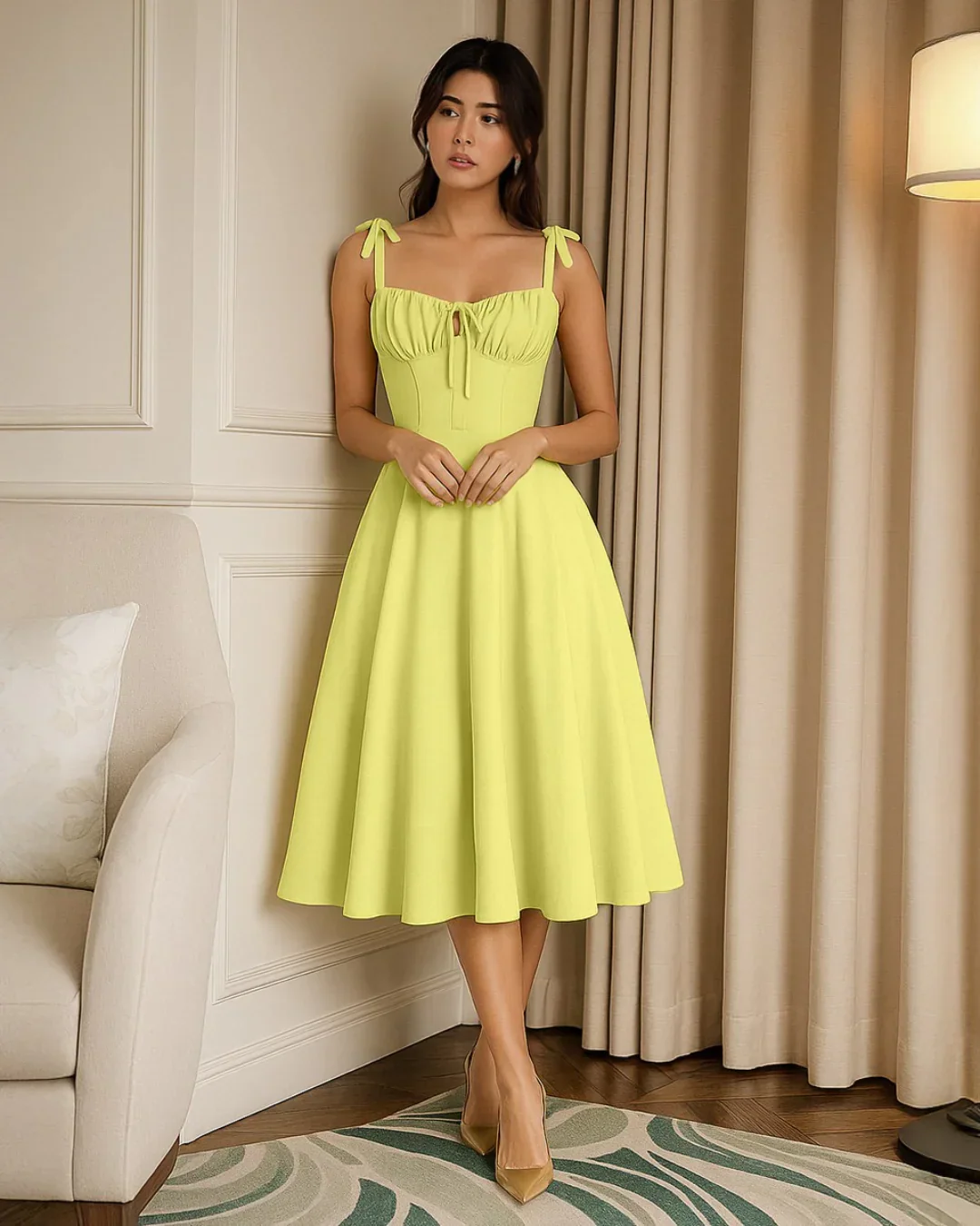 Sweetheart Neck Midi Dress with Shoulder Ties in Yellow - Image 2