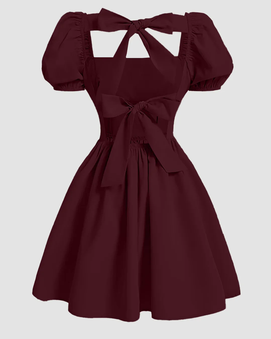 Sweetheart Neck Puff Sleeve Bow Back Mini Dress in Maroon - Image 2