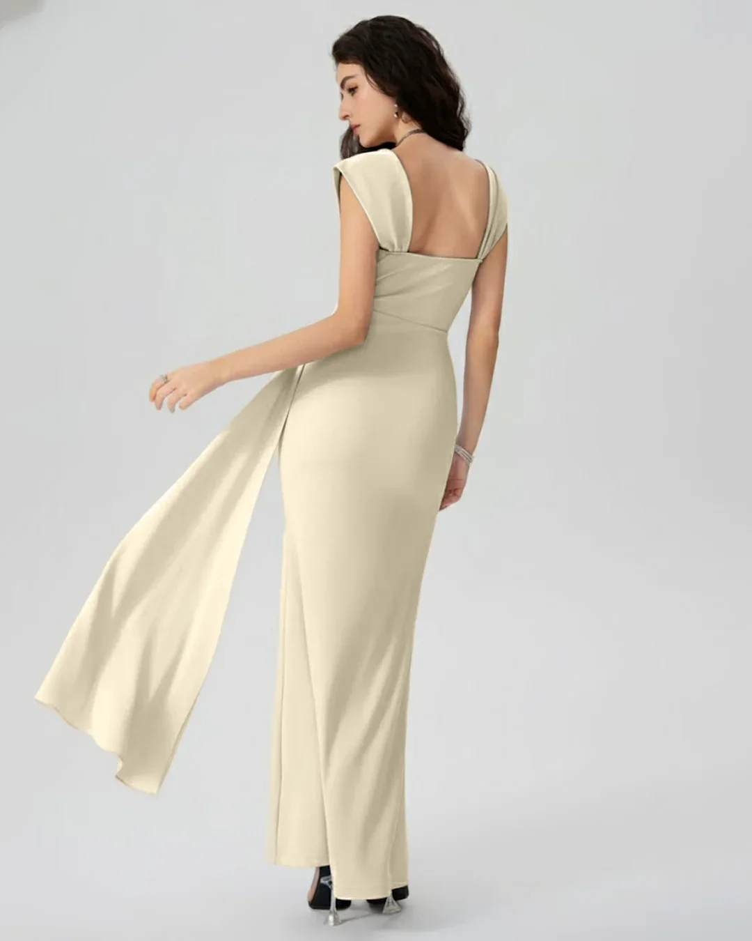 Sweetheart Neck Ruched Split Maxi Dress in Beige - Image 4