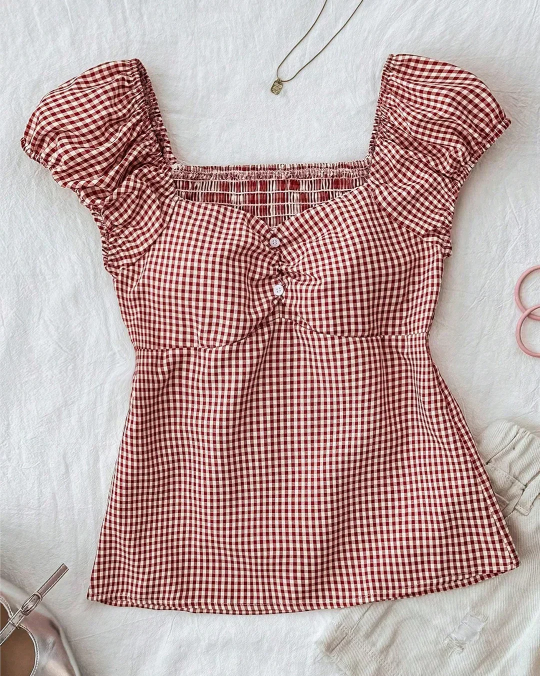 Sweetheart Neck Slim Fit Straight Hem Gingham Top in Red - Image 3