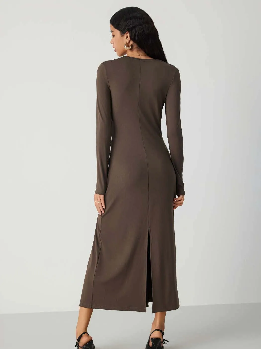 Sweetheart Neck Solid Split Maxi Dress In Chocolate Fondae - Image 2