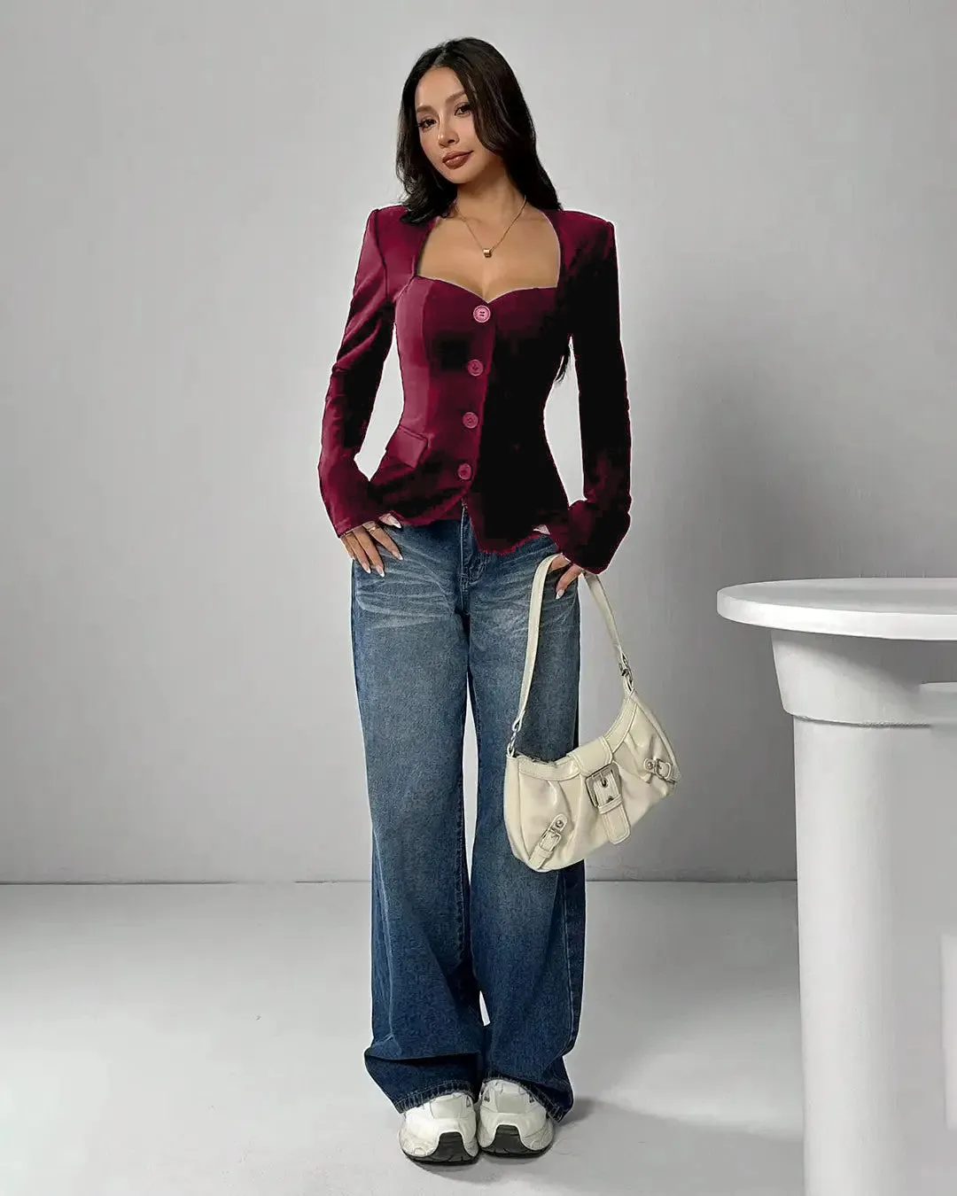 Sweetheart Neck Structured Buttoned Waistcoat In Dark Maroon - Image 2