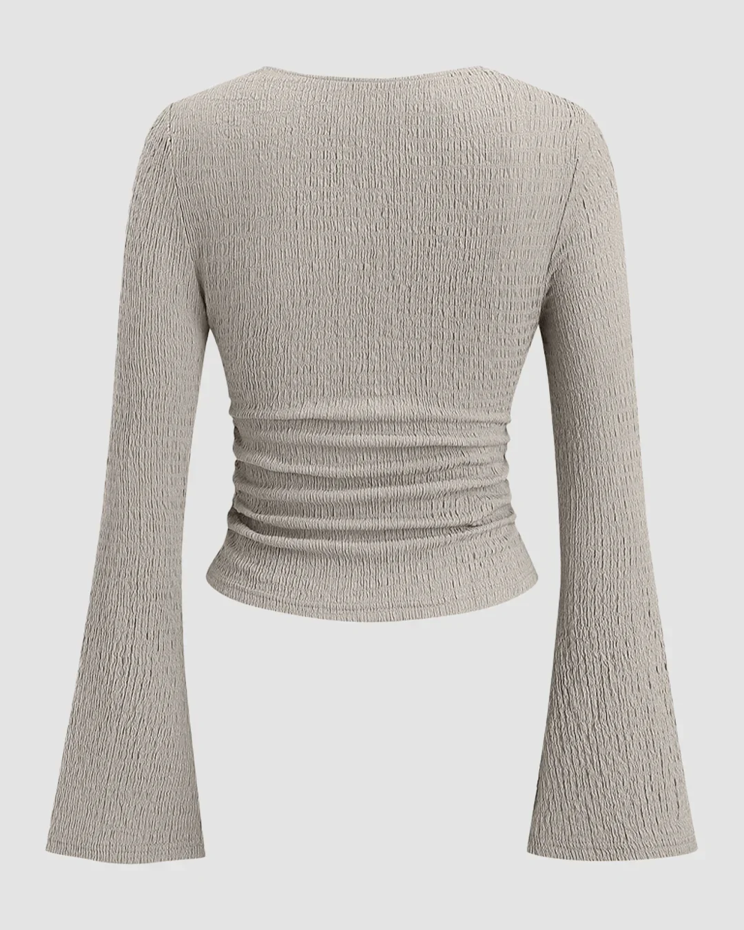 Sweetheart Neck Textured Lace Trim Flared Sleeve Fitted Tie-Bow Top in Light Grey - Image 2