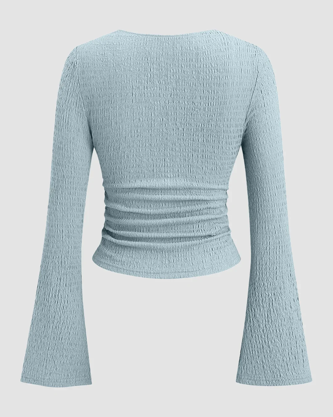 Sweetheart Neck Textured Lace Trim Flared Sleeve Fitted Tie-Bow Top in Sky Blue - Image 2