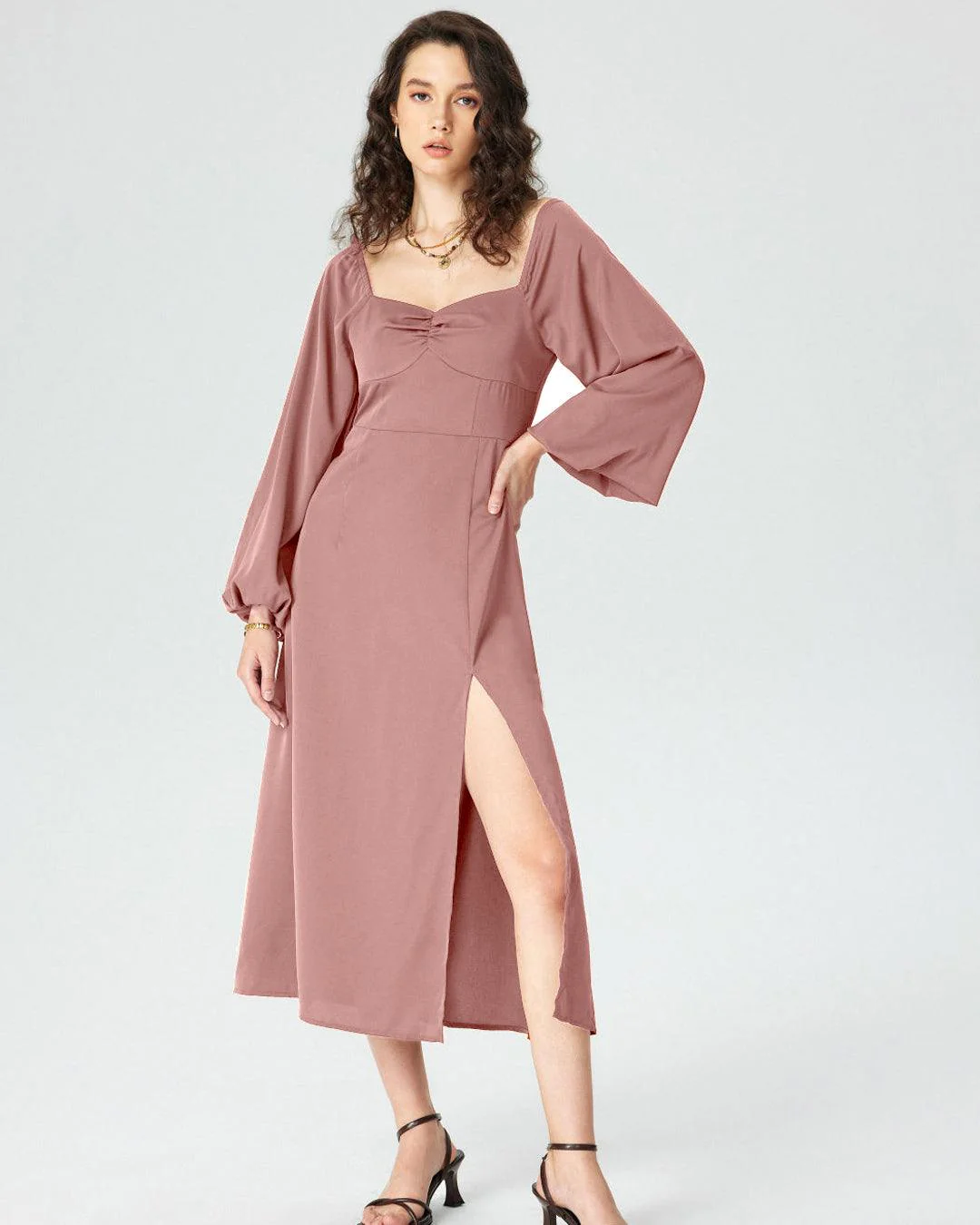Sweetheart Peasant-Sleeve Peach Dress - Image 3