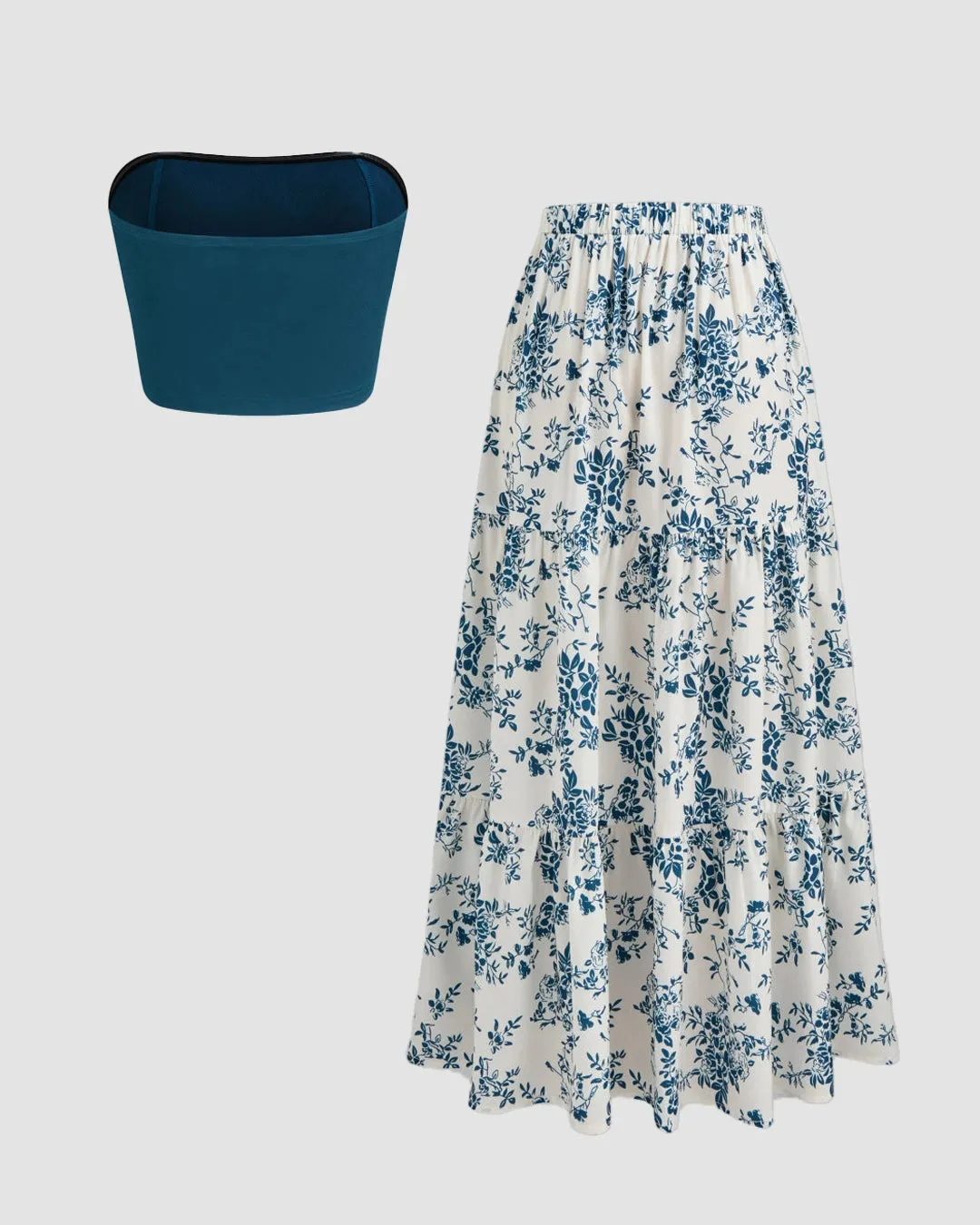 Teal Blue Strapless Tube Top & Floral Tiered Maxi Skirt Set - Image 2